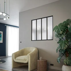 Mon Marché Déco Verrière 4 Carreaux - En Kit - Noir Sablé - Verre Dépoli