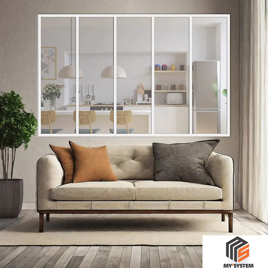 Verrière 5 grands carreaux - L x H : 168 x 125 cm - Laqué blanc 9003 granité - vitrages inclus-MySystem Best