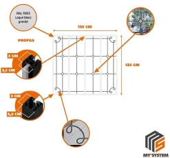 MySystem Verrière 4 verres Curly - L x H : 135 x 125 cm - Laqué blanc 9003 granité - verre Clair inclus