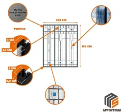 MySystem Verrière 3 verres Hudson - L x H : 102 x 125 cm - Laqué gris 7016 granité - verre Clair inclus