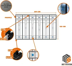 MySystem Verrière 6 verres Hudson - L x H : 201 x 125 cm - Laqué gris 7016 granité - verre Clair inclus