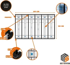 MySystem Verrière 6 verres Hudson - L x H : 201 x 125 cm - Laqué noir 9005 granité - verre Sahara inclus