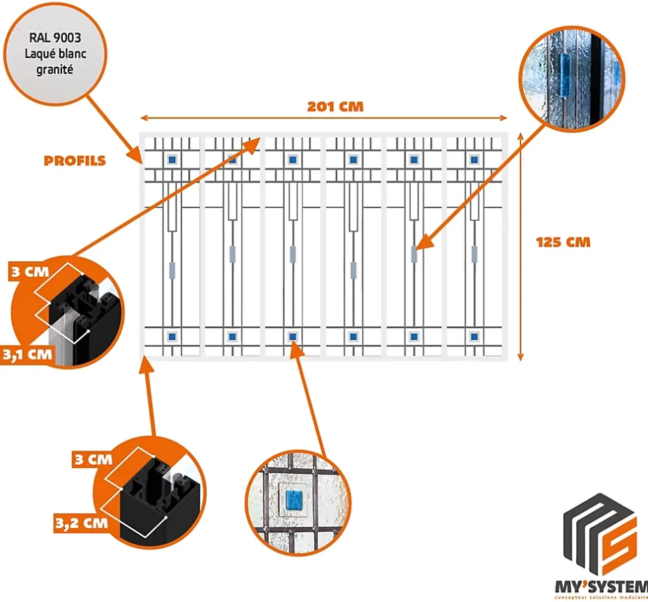 MySystem Verrière 6 verres Hudson - L x H : 201 x 125 cm - Laqué blanc 9003 granité - verre Sahara inclus