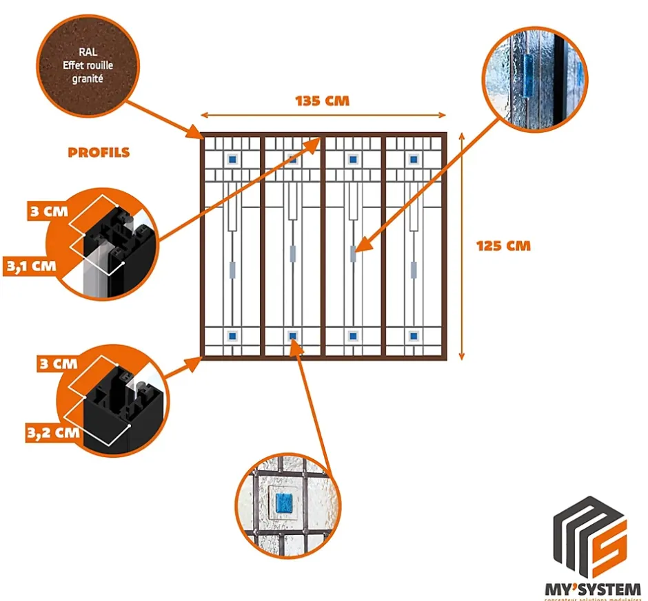 Verrière 4 verres Hudson - L x H : 135 x 125 cm - Laqué effet rouille granité - verre Clair inclus-MySystem Hot