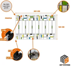 MySystem Verrière 6 verres Indiana - L x H : 201 x 125 cm - Laqué blanc 9003 granité - verre Sahara inclus