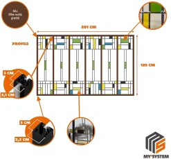 MySystem Verrière 6 verres Indiana - L x H : 201 x 125 cm - Laqué effet rouille granité - verre Sahara inclus