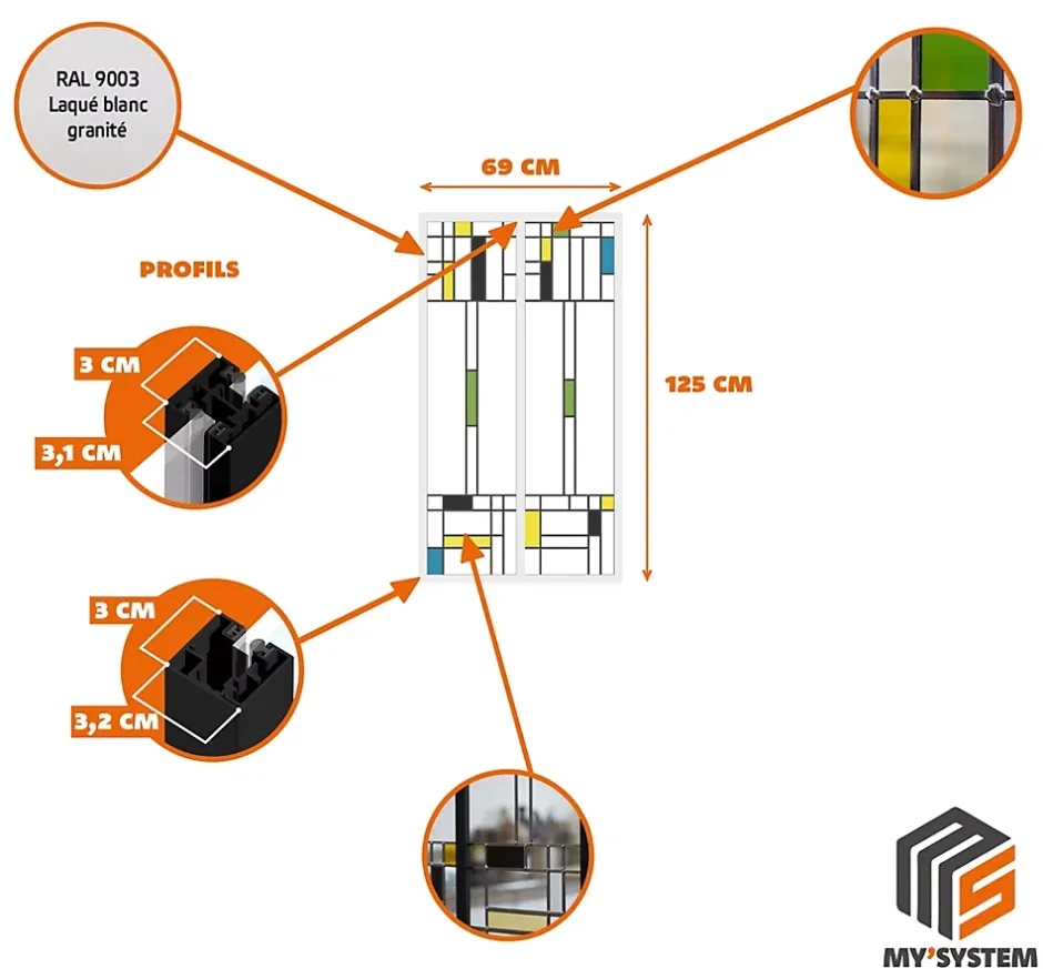 MySystem Verrière 2 verres Indiana - L x H : 69 x 125 cm - Laqué blanc 9003 granité - verre Clair inclus