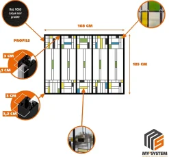 Verrière 5 verres Indiana - L x H : 168 x 125 cm - Laqué noir 9005 granité - verre Clair inclus-MySystem Best