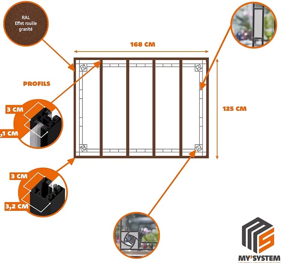 Verrière 5 verres Mackintosh - L x H : 168 x 125 cm - Laqué effet rouille granité - verre Clair inclus-MySystem Hot