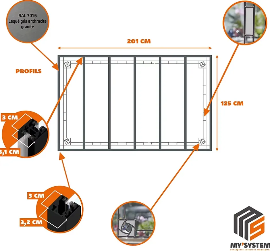 Verrière 6 verres Mackintosh - L x H : 201 x 125 cm - Laqué gris 7016 granité - verre Sahara inclus-MySystem
