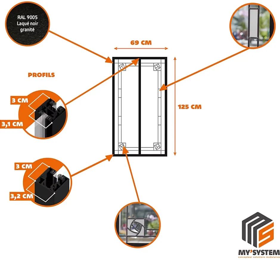 MySystem Verrière 2 verres Mackintosh - L x H : 69 x 125 cm - Laqué noir 9005 granité - verre Sahara inclus