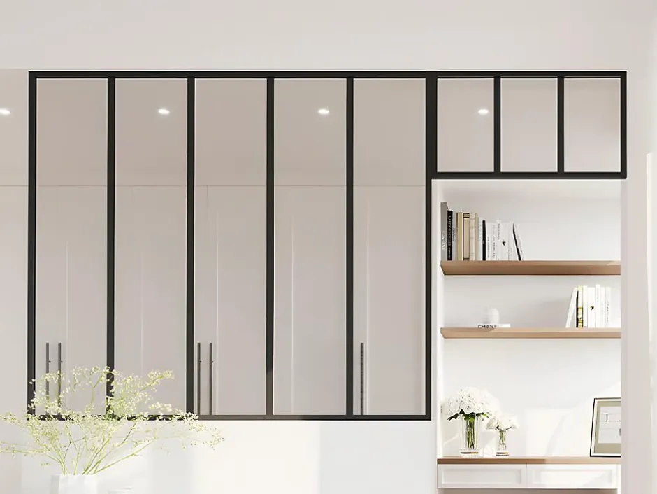 Vente-unique Verrière atelier avec imposte en aluminium thermolaqué - L150 x H130 + L73 x H40 cm - Noir - BAYVIEW