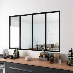 Verrière Atelier Coulissante en Aluminium Noir- L183xH108cm,4 Panneaux en 4mm Verre Trempé,Séparation Élégante Cuisine/Salon-AICA Sanitaire New