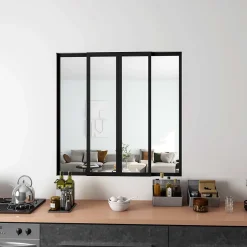 AICA Sanitaire Verrière Atelier Coulissante en Aluminium Noir- L123xH108cm,4 Panneaux en 4mm Verre Trempé,Séparation Élégante Cuisine/Salon
