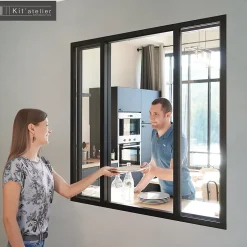 Verrière coulissante 4 carreaux transparents, coloris noir mat H108 x l.123cm