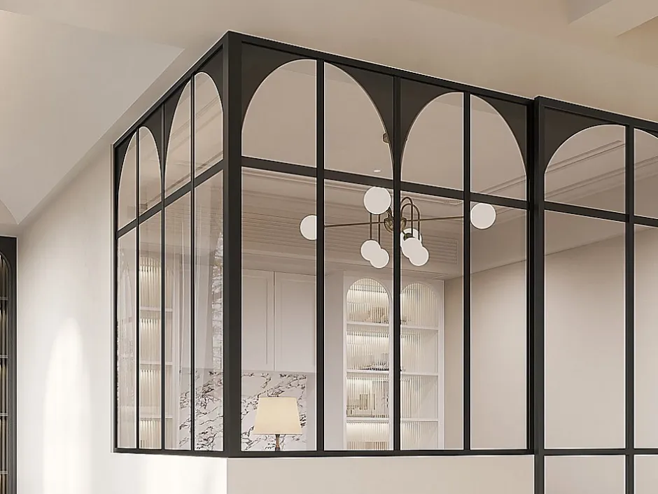 Verrière d'angle d'atelier art déco en aluminium thermolaqué - L120 x L120 x H130 - Noir - ARCADEA-Vente-unique Best